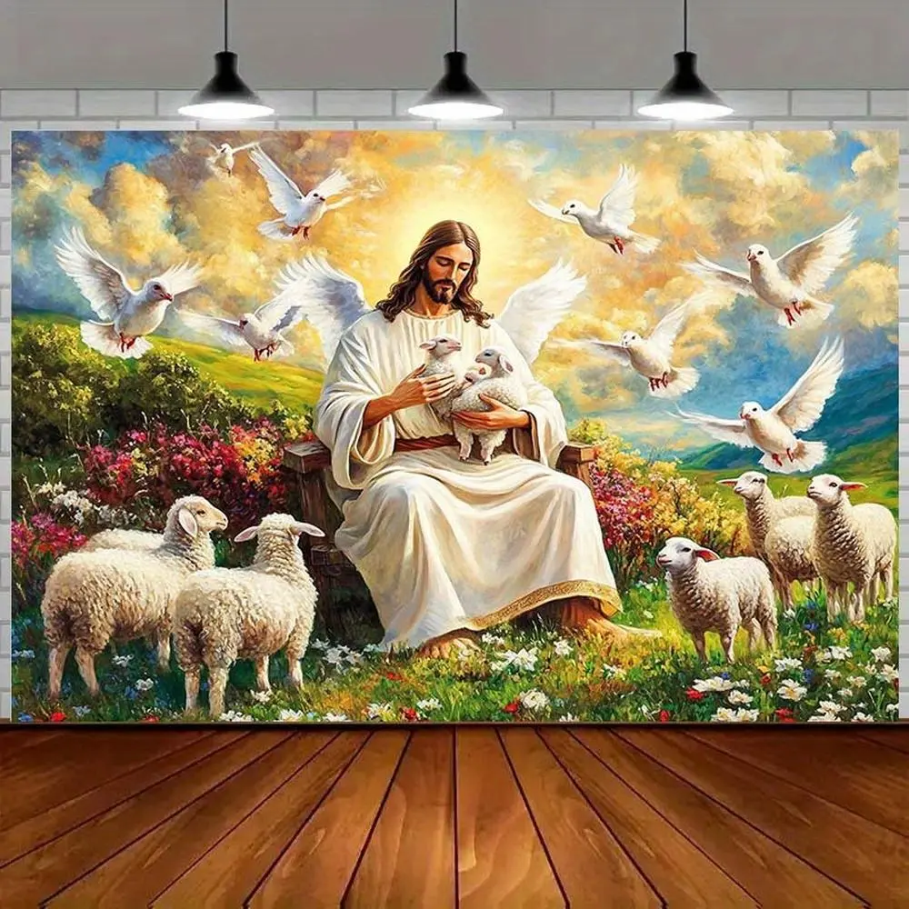 1pc Heavenly Scene Polyester Tapestry - Floral Print, Summervibes, Doves, Sheep, Lightweight, No Electricity Needed - Wall Decoration for Religious Events, Home & Festive Wall Hanging