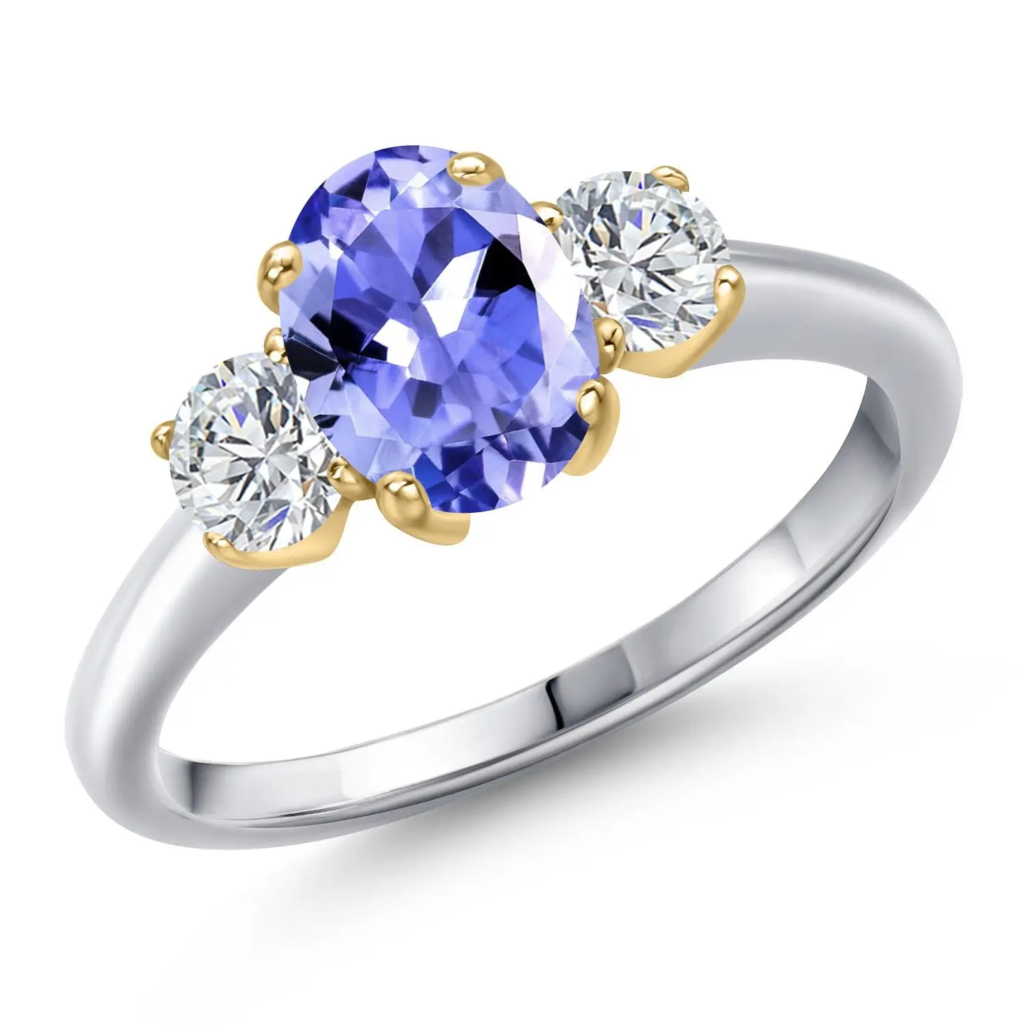 10K Two Tone Gold Blue Tanzanite and Lab Grown Diamond 3-Stone Engagement Ring For Women | 1.70 Cttw | Oval 8X6MM | Gemstone December Birthstone