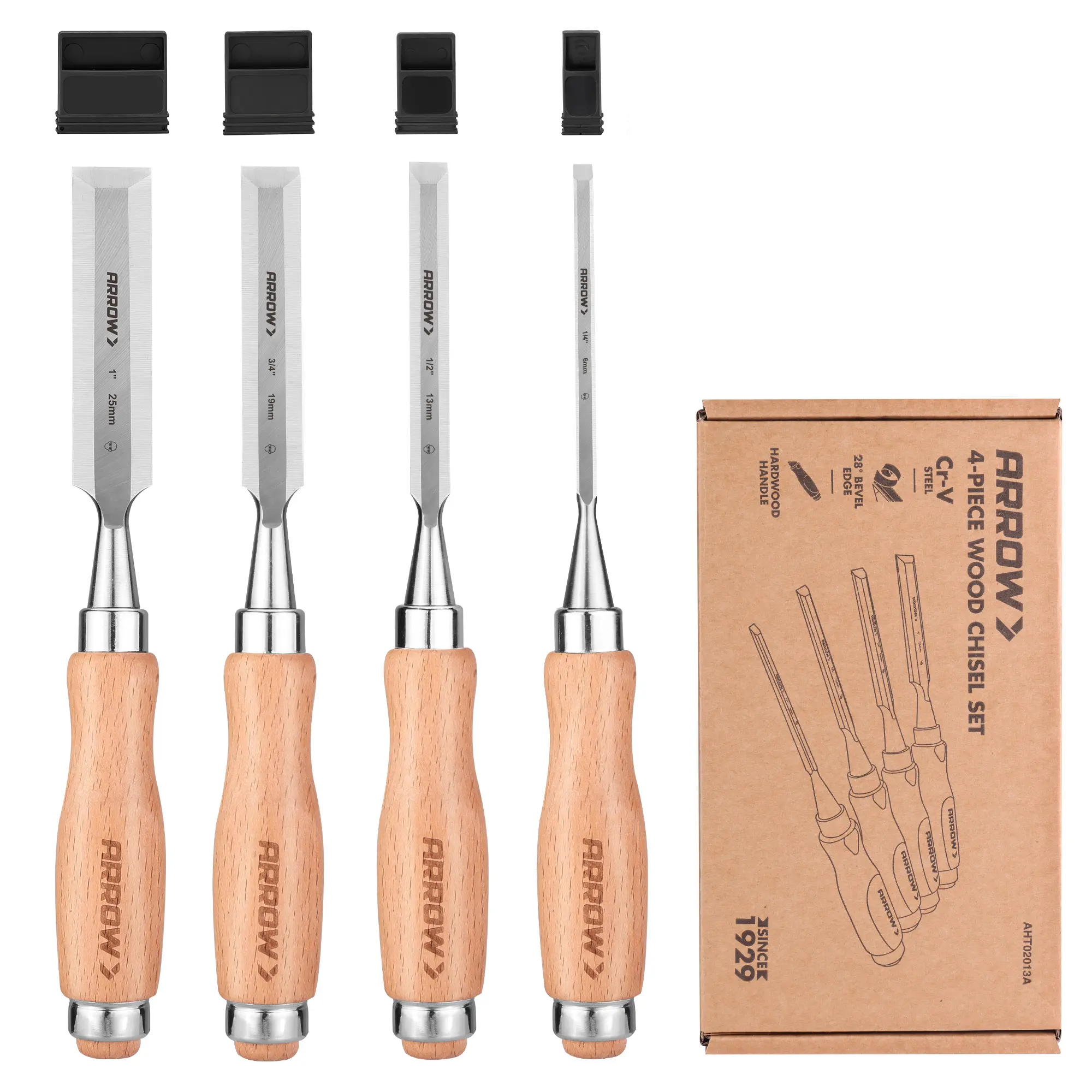 #summersale ARROW Wood Chisel Set, 4PCS CR-V Steel Chisel Tools with Beveled Edge and Ergonomic Beech Wood Handle, Carpenter Wood Carving Tools for Woodworking and DIY Enthusiasts(1/4", 1/2", 3/4", 1")
