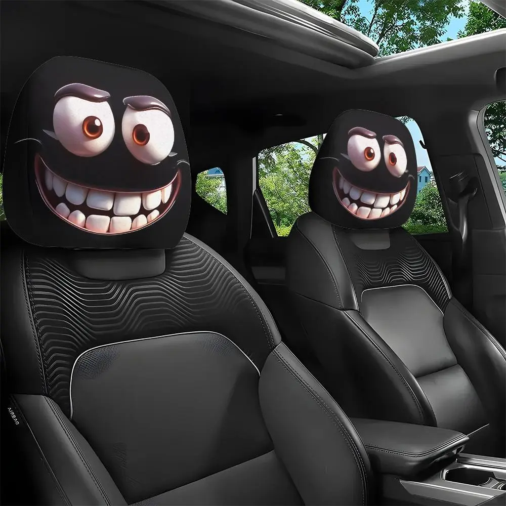 2pcs Set of Funny Big-Eyed Grinning Cartoon Print Car Seat Headrest Covers, Car Interior Decoration, Car Interior Accessory, Universal Fit for Long Road Trips & Daily Commutes – Perfect for Halloween/Christmas Holiday Decor