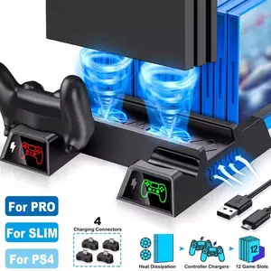 Multifunctional Cooling Stand for PS4 Game Console, 1 Box Cooling Fan Base with Dual Controller Charging Station, Console Accessories for PS4 Slim Pro