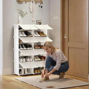 6-8 Tier Shoe Cabinet, 24-32 Pair Capacity with Side Hooks, Sturdy Metal Frame, Black and White Plastic Panel Shelves, Storage Organizer for Entryway Living Room Closet