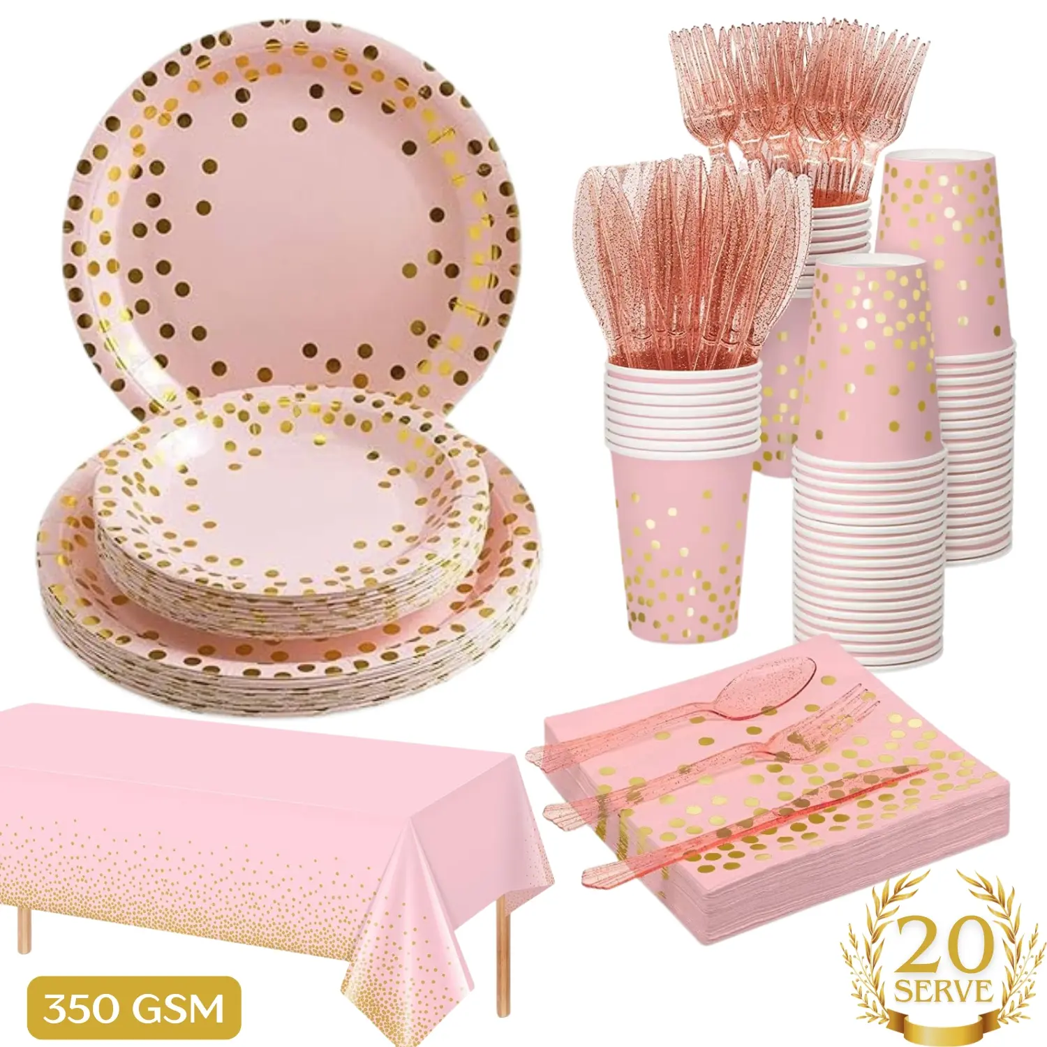 141-Piece Disposable Eco-Friendly Pink Gold Polka Dot Full Set Dinnerware - Leak-Proof All Over Print Supplies, Serves 20, Includes Plates, Tablecloth, Cups, Napkins for Baby Shower, Ceremony Events