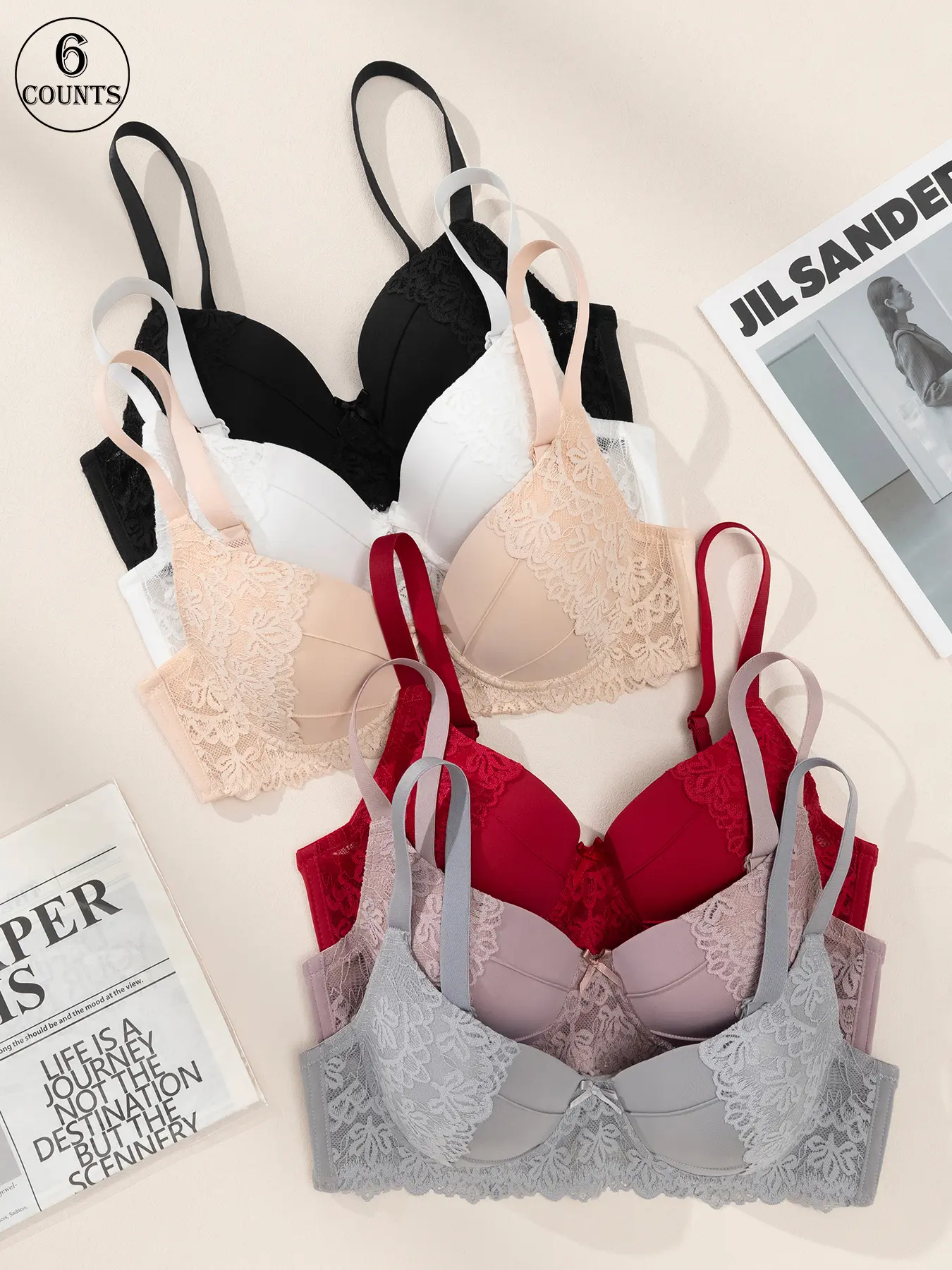 6-piece set women's sexy lace bras, Lace brassiere fit, everyday casual comfort with skin-friendly material, anti-sagging support and gathering, high-support underwear, adjustable sports-style back, with underwire and hook closure