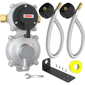 2-Stage Changeover LP Propane Gas Regulator with Two 18" RV Pigtail Propane, CSA Certification, Braided QCC1 1/4" Inverted Male Flare Propane LP Gas Regulator for RV Camper Trailer