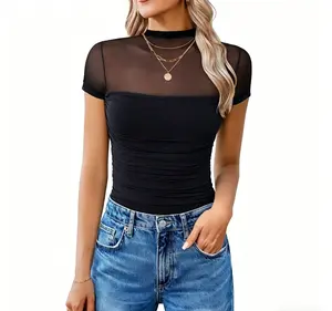Women Mesh Patchwork Bodysuit Turtleneck Cap Sleeve Slim Fit Ruched Elegant Casual One Piece Leotard Spring Summer Basic Top