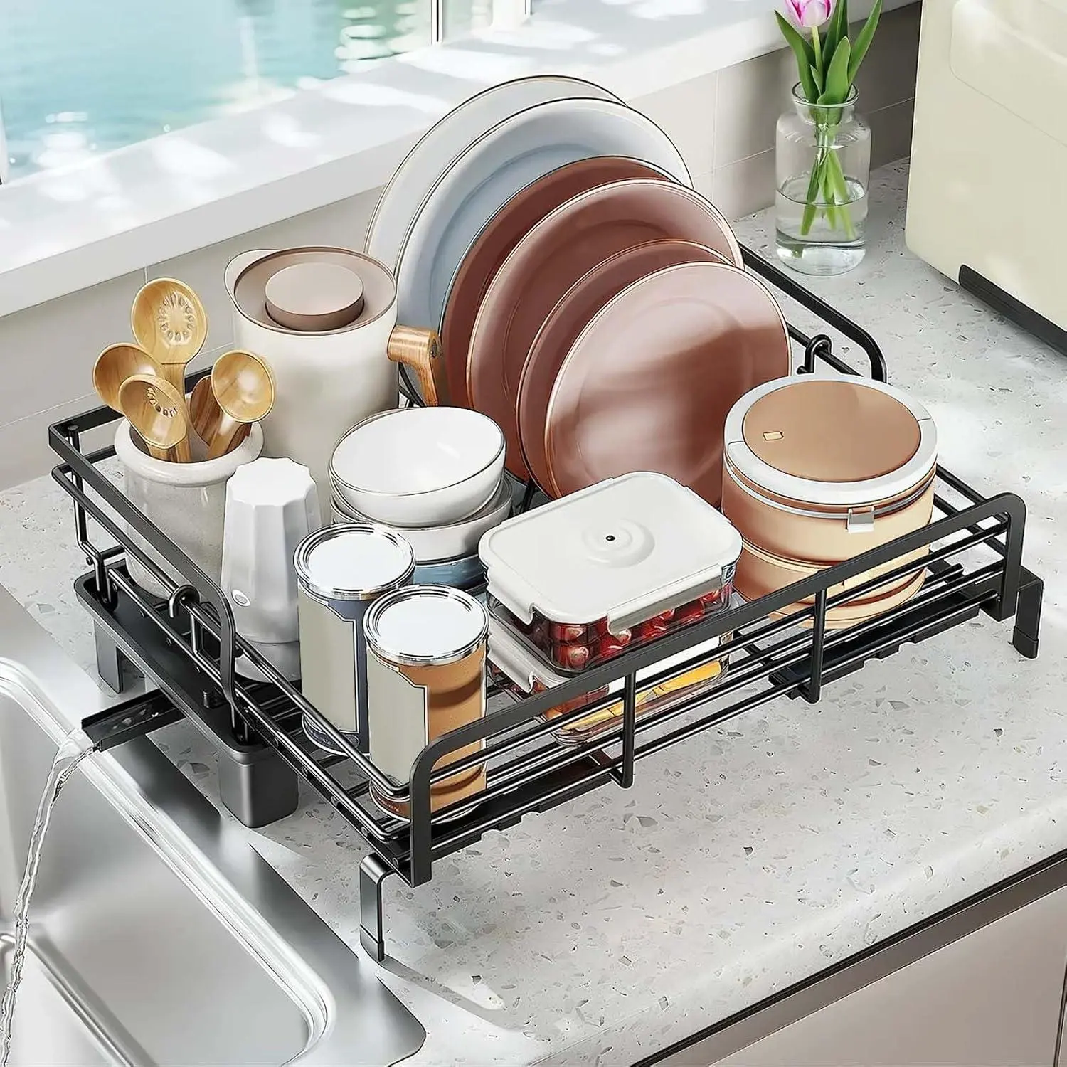 Carbon Steel Kitchen Dish Rack Set - Extendable Design, Durable Rustproof Material, Space-Saving Solution, Multi-Functionality, Sleek Black Appearance