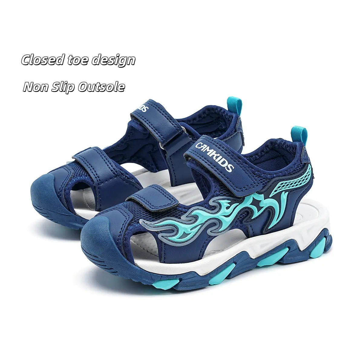 Kids Closed Toe Outdoor Sandals, CAMKIDS Flame Print Non-Slip Water Shoes for Boys, Summer Beach & Playground Shoes