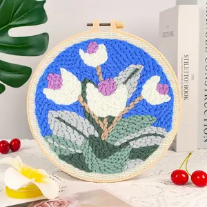 Pastoral Thick Yarn Punch Needle DIY Linen Fabric Kit Cartoon Floral Series Style Beginner Entry Punch Needle Fun Craft Kit