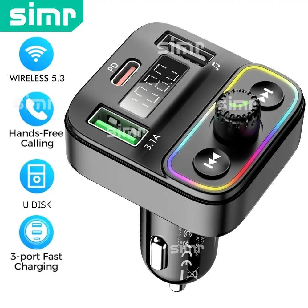 simr Update Wireless Handsfree Calling Car Phone Charger FM Transmitter U Disk MP3 Player Voice Broadcast Type-c Dual USB Fast Charging Car Charger Wireless Hands-free Calling Car FM Audio Receiver Wireless Mobile Charger Car Gadgets