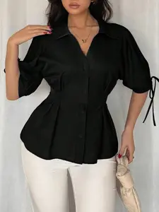 Women's V-Neck Pure Color Elegant Lady Commuter Blouse Shirt Button, Waist Cinching Fitted Slimming Design, Stylish Office Wear, Casual Fashion Top Womenswear