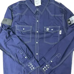 ZANOS FR SHIRTS Navy Blue Long Sleeve with American Flag Patch & Star Detail for Enhanced Safety Menswear Top Flame-Resistant Fabric Western-Style Cut
