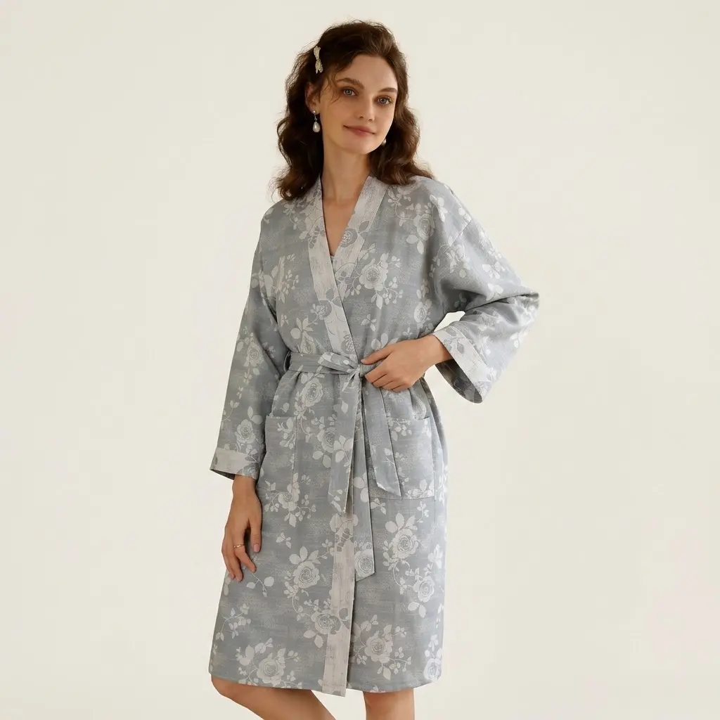 Women's Cotton Japanese Style Kimono Robe - Floral Printed Double Cotton Gauze Nightwear, Long Sleeves with Belt, All Seasons Cozy Loungewear, Robe for Women Bathrobe & Dressing Gown, Oversized