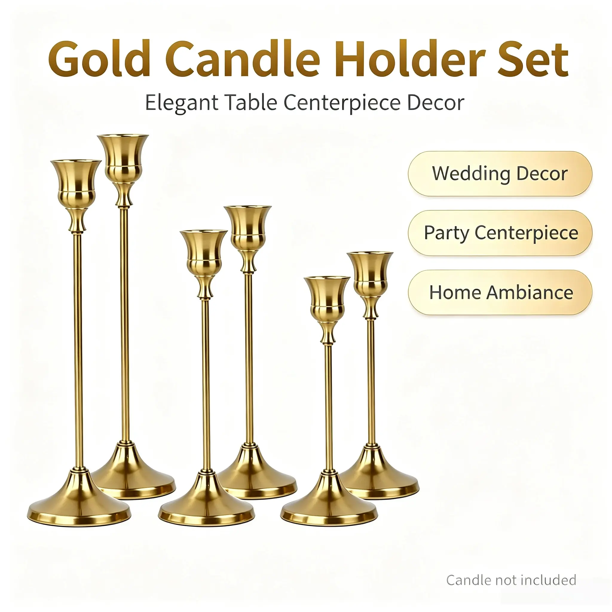 Golden 6-Piece Metal Taper Candle Holders, Elegant Modern Home Accessories, Table Centerpieces for Weddings, Stylish Home Decor Accents, Gold Candlestick Holders