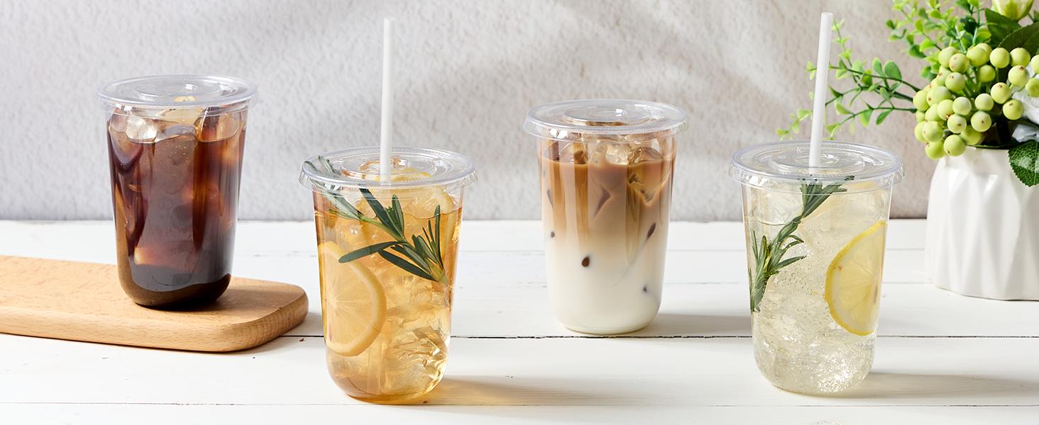 50 Pack 12/16 oz Plastic Cups with Lids and Straws, Clear Disposable Plastic Cups, Heavy Duty Iced Coffee Cups with Leak-Resistant Lids, Cold Drink Cups for Juice, Coffee and Milk Tea & Party To Go
