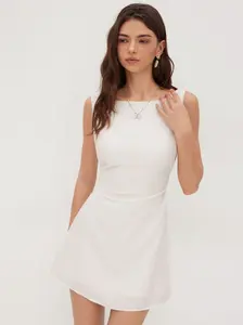 Linen-blend Boat Neck Solid Knotted Backless Mini Dress