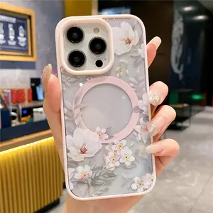 HYC For iPhone Series Fashion Flowers Floral Clear For Magsafe Magnetic Wireless Charging Case For iPhone  17 Pro Max Plus Air/16 11 12 13 14 15 Pro Max Hard Bumper Cover