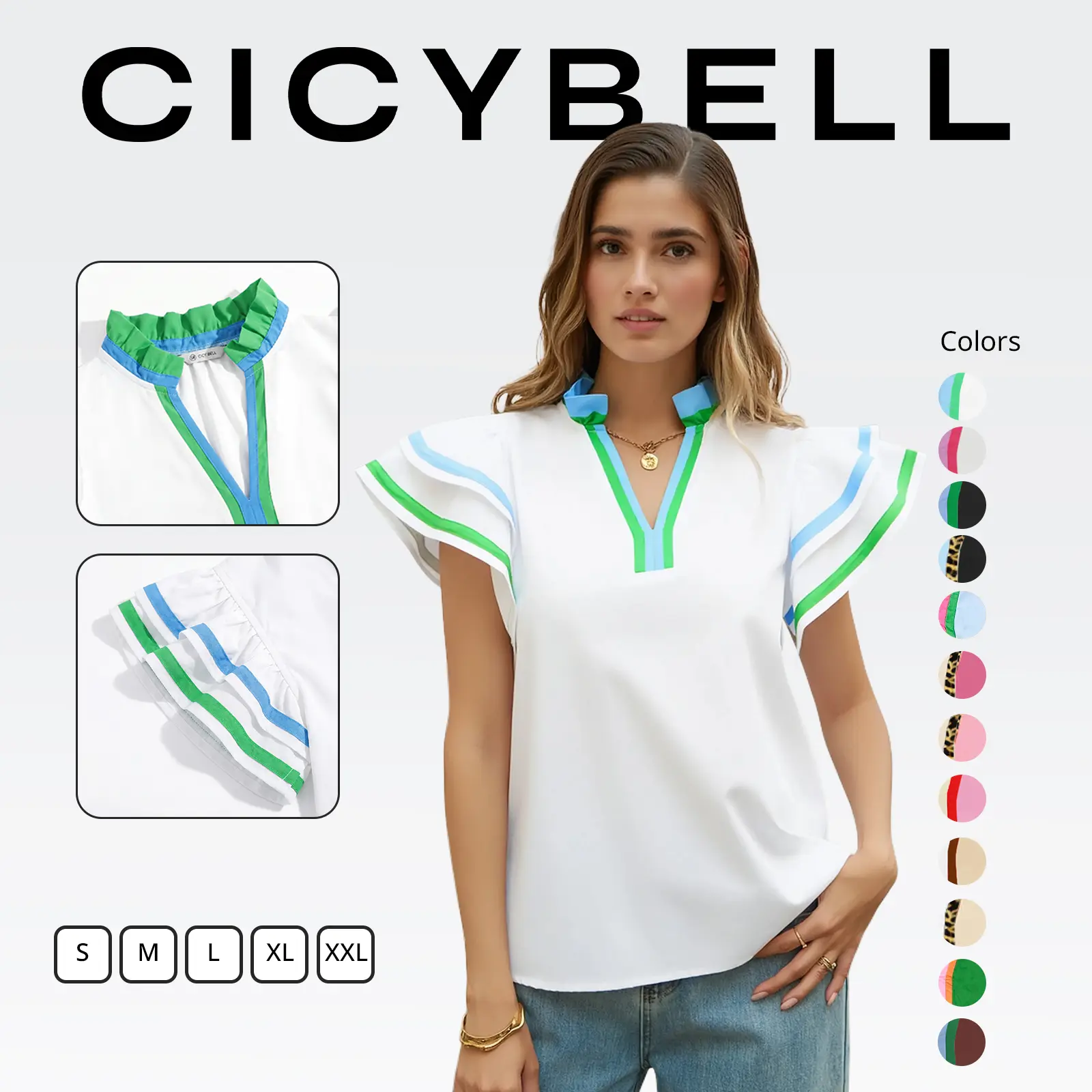 Cicy Bell Women's Ruffle Cap Sleeve Blouse - Color Block V-Neck, Summer, Pleated Loose Fit, Elegant Soft Drape Fabric, Dressy Casual Top for Women