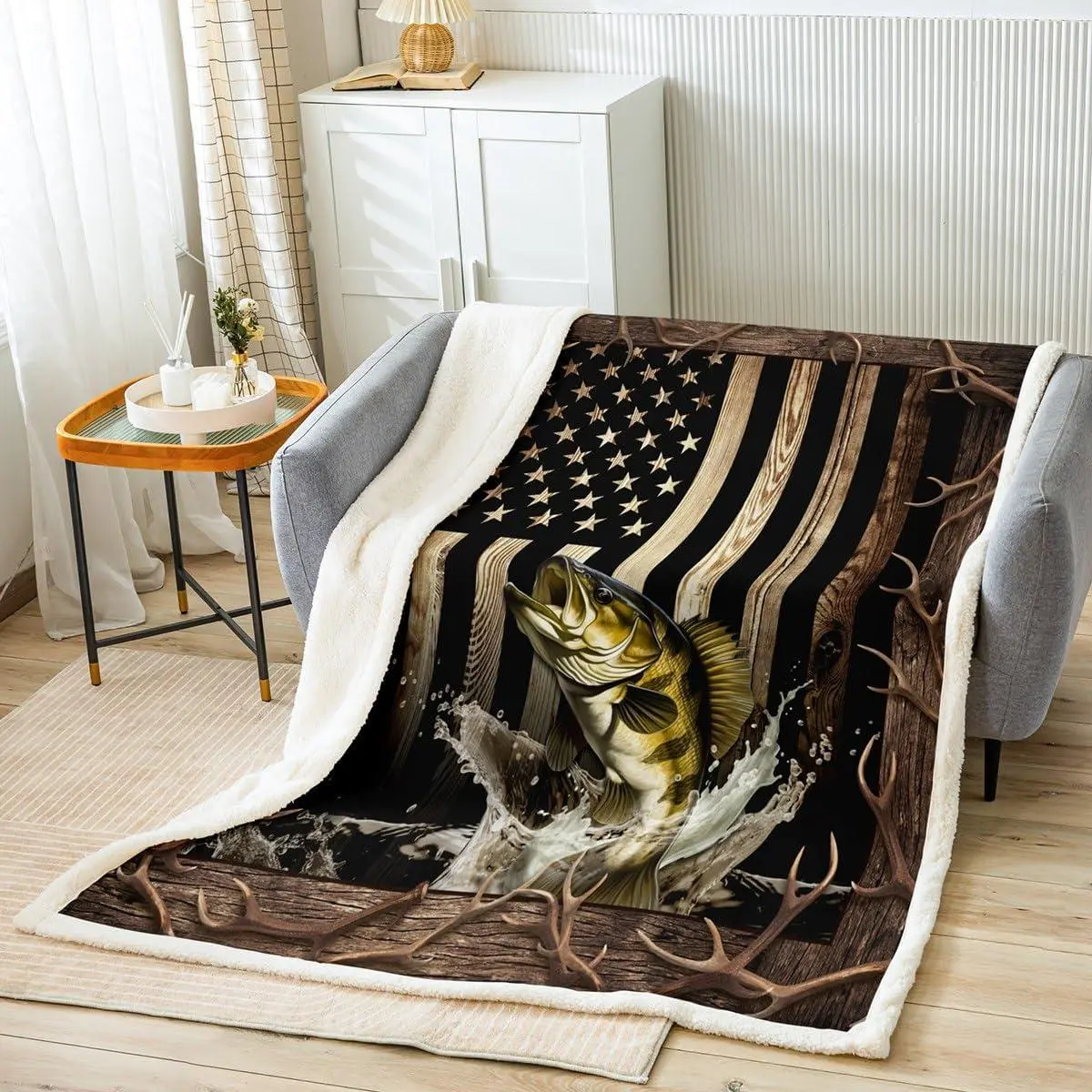 Hunting Fishing Throw Blanket,Bass Fish Blankets,Vintage American Flag Fleece Blanket for Kids Boys Men Adult Bedroom Decor,Brown Deer Antler Sherpa Blanket,for Chair/Sofa,