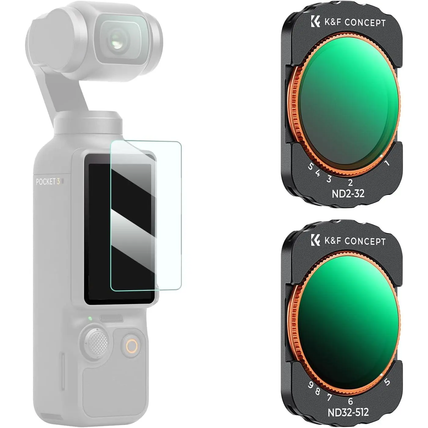 K&F Concept Effect Filters, Photography Camera Accessories & Video Recording Accessories for DJI OSMO Pocket 3/XTRA, External Expanded View, ND2-32 + ND32-512 ND Range Tools, Camera Filters