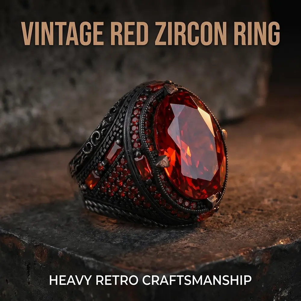 Men's Vintage Synthetic Red Zircon Brown Copper Ring - Gothic Cocktail Party Retro Jewelry, Everyday Wear Accessory, Novelty Look, Shiny Zircon, Statement Gemstone, Men's Gift, Novelty Look Rings, Shiny Zircon Rings