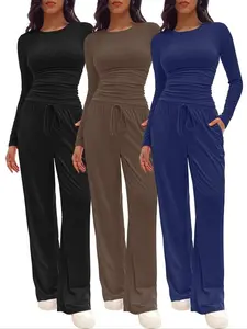 2026 Women's Solid Ruched Drawstring Loungewear Set, Casual Breathable Long Sleeve Round Neck Top & Pocket Wide Leg Trousers, Pajama Set, Ladies Sleepwear for All Seasons