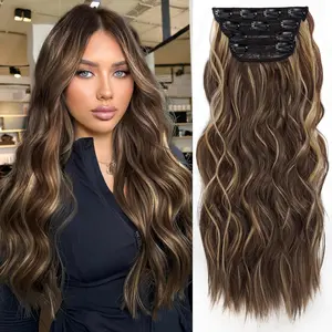 Hair Extensions, 4PCS Clip in Hair Extensions Natural Soft Synthetic Hairpieces for Women, Brown with Honey Blonde Highlights