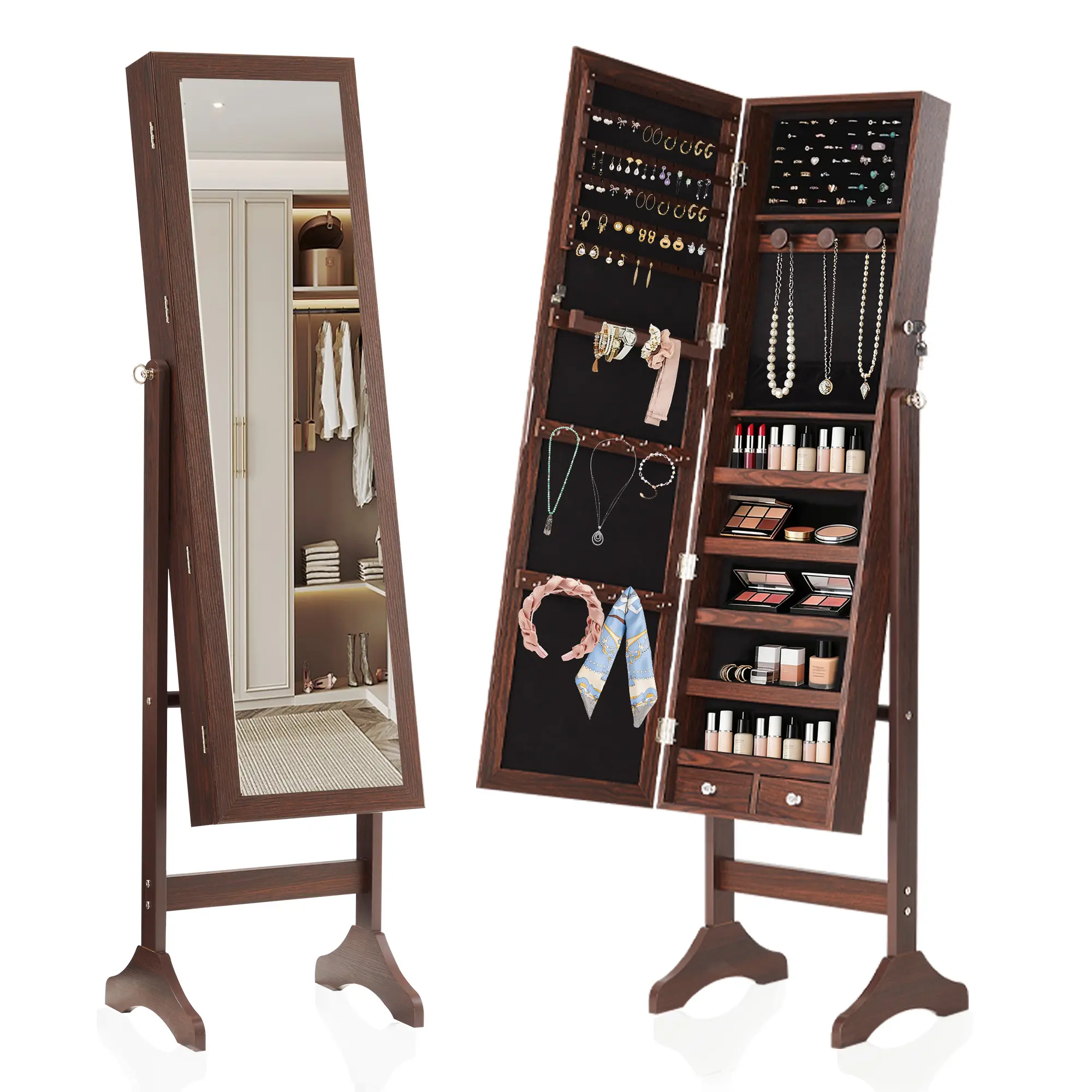 Lockable Jewelry Armoire with Full Length Mirror – Freestanding Standing Mirror Cabinet – Velvet Lining Makeup Organizer, 5 Shelves, Accessory Pouch & 3 Viewing Angles