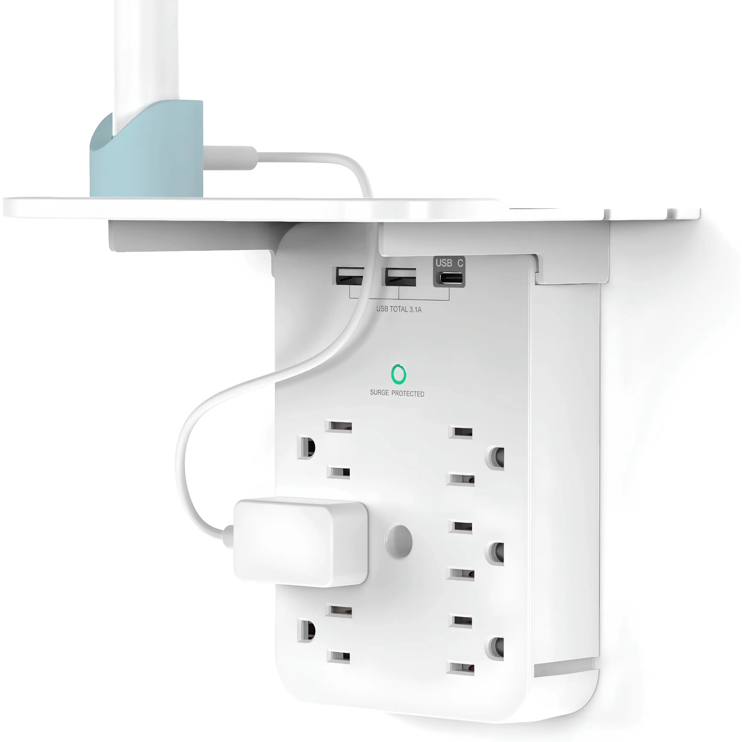 Wall Outlet Extender with Surge Protector 6 AC Outlets, USB & USB-C Charging Ports, Built-In Shelf, Multi Plug Power Strip Adapter for Home, Office, Bedroom, Dorm Room & Travel Essentials