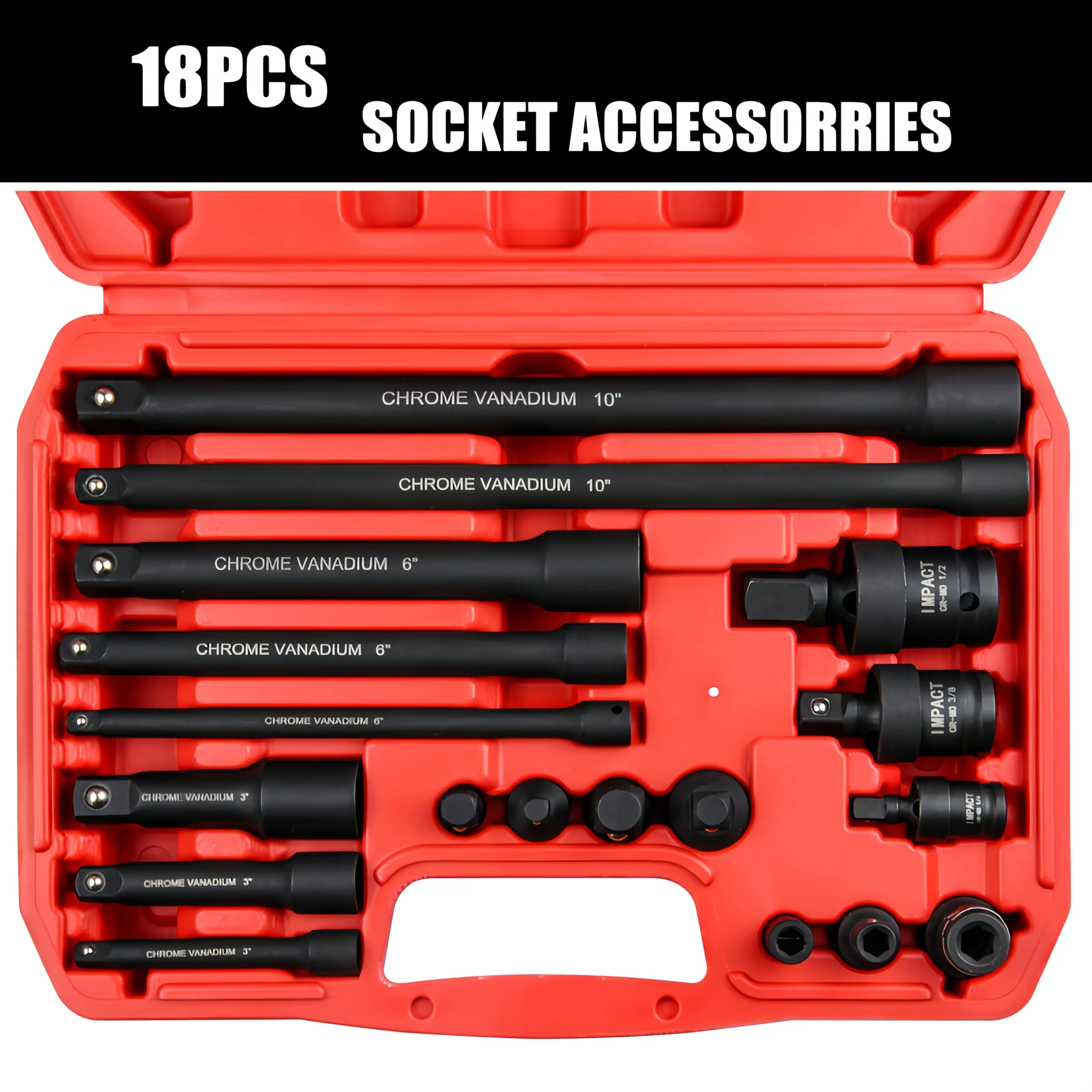 NANWEI 18-Piece Impact Socket Set - Cr-Mo Steel Construction, 1/4", 3/8", 1/2" Drives, Includes Extension Bars, Universal Joints, Socket Adapters & Couplers for Impact Drill Bits, Impact Sockets, 18 Piece Set