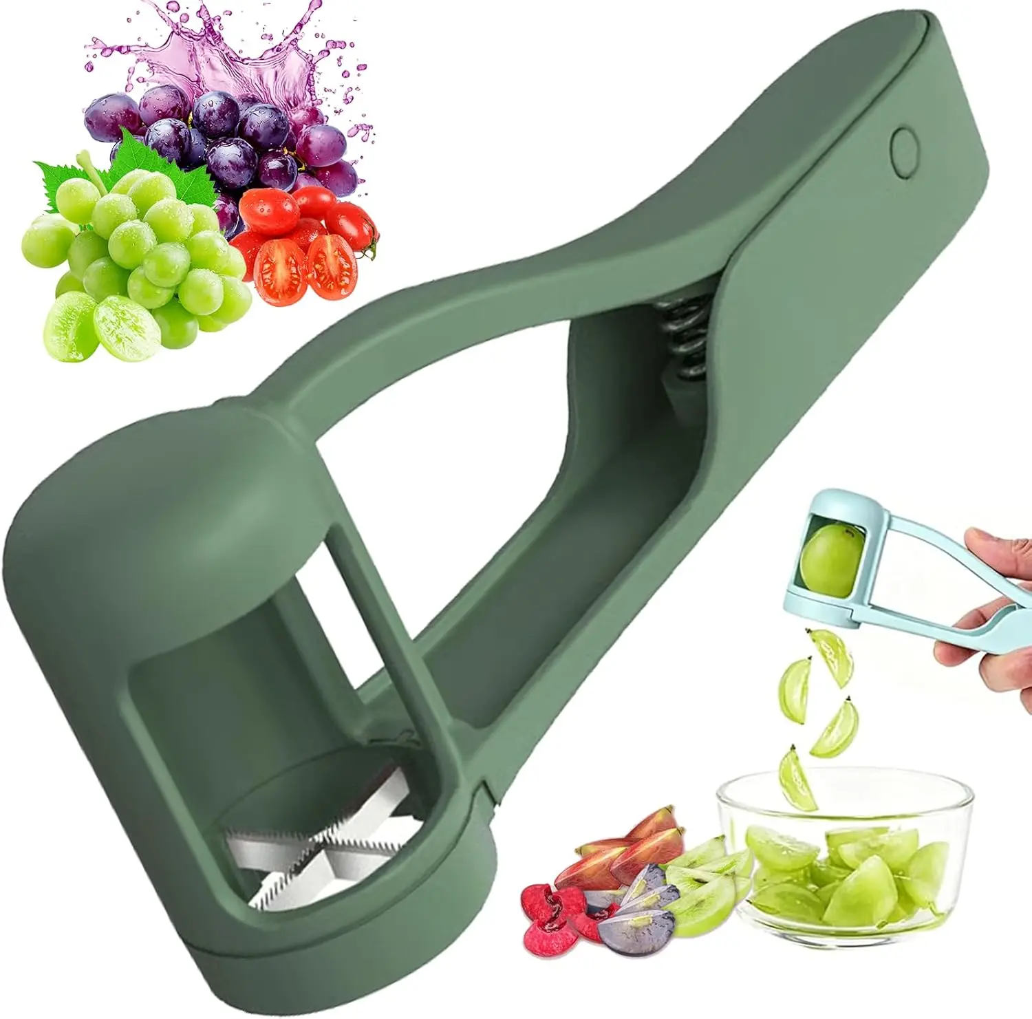 Luvan Grape Cutter for Toddlers 1-3, Grape Slicer Kitchen Gadget for Vegetable Fruit Salad Cake Decor, Stainless Steel Baby Grape Quarter Cutter Tool for Cherry Tomato Strawberry Blueberry - Green