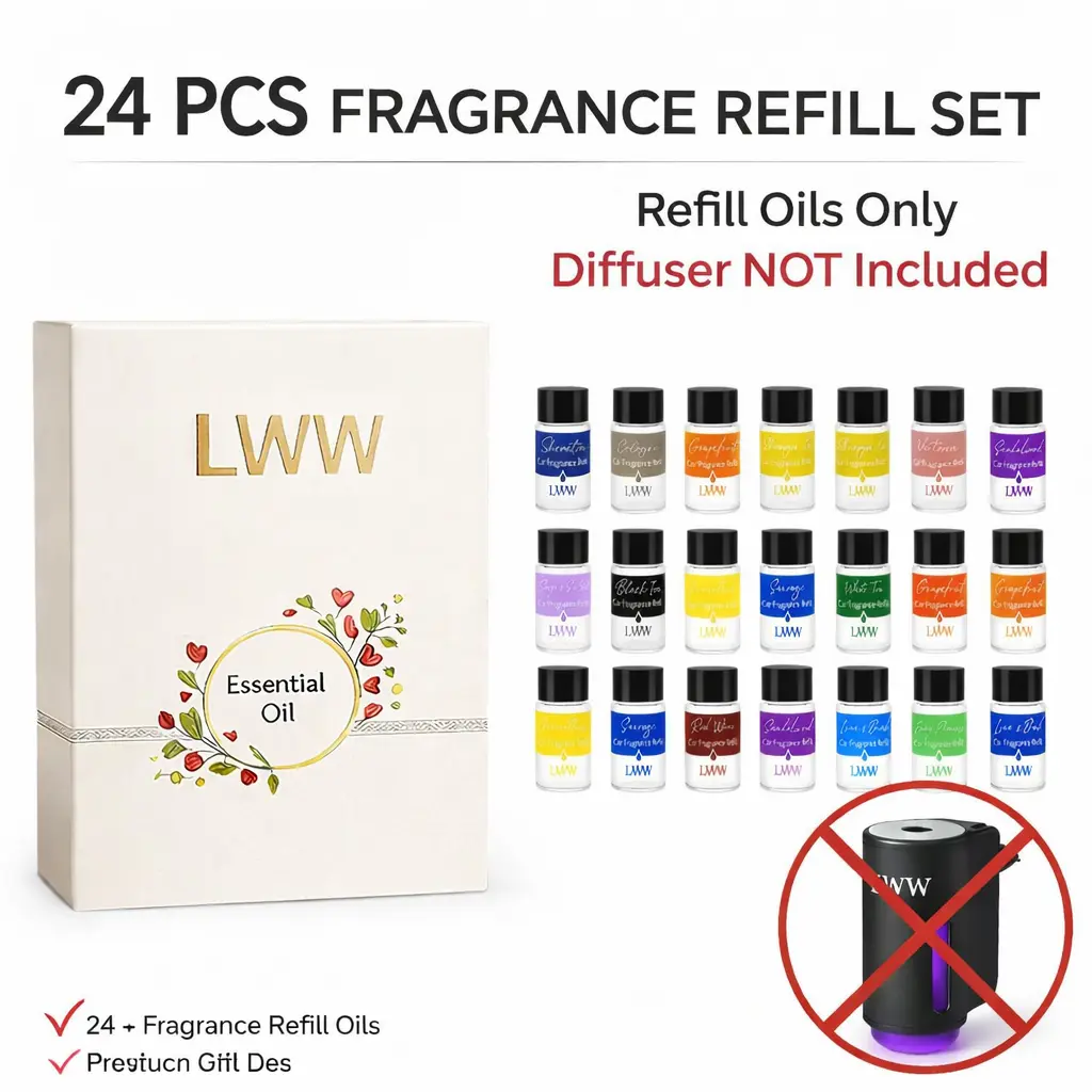 LWW 24-Pack 10 mL Fragrance Dropper Oils Refill Box - Car Aromatherapy Refill, Car Odor Eliminator, Atmosphere Scent for Diffusers, Home Freshener Supplies