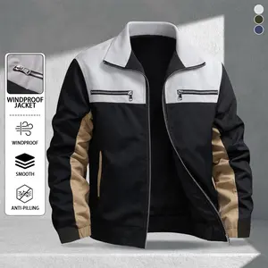 Men's long-sleeved stand-up collar contrasting zipper jacket, men's windproof, coat pocket jacket windbreaker, suitable for versatile wear in early spring, casual and comfortable Fabric Stylish Patchwork