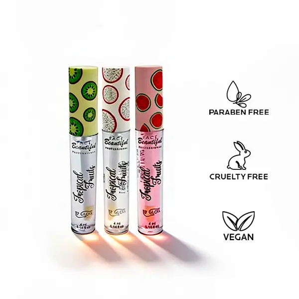 Brazilian Lip Gloss Kit (3-Pack) by Face Beautiful - Watermelon, Pitaya & Kiwi, Lightweight Non-Sticky Ultra-Glossy Wet-Look Hydration with Fruity Fragrance, 4 ml / 0.14 fl oz Each