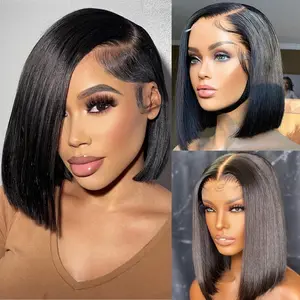Glueless Staight Short Bob Wig 5x5 Pre Plucked Hairline Pre-Cut  Lace Wig 180% Density HD Transparent Lace Closure Wigs Human Hair for Black Women Short Straight Bob Wigs No Glue Lace Closure Wigs Beginner Friendly Gift for Girlfriend/Wife/FamilySpringtok
