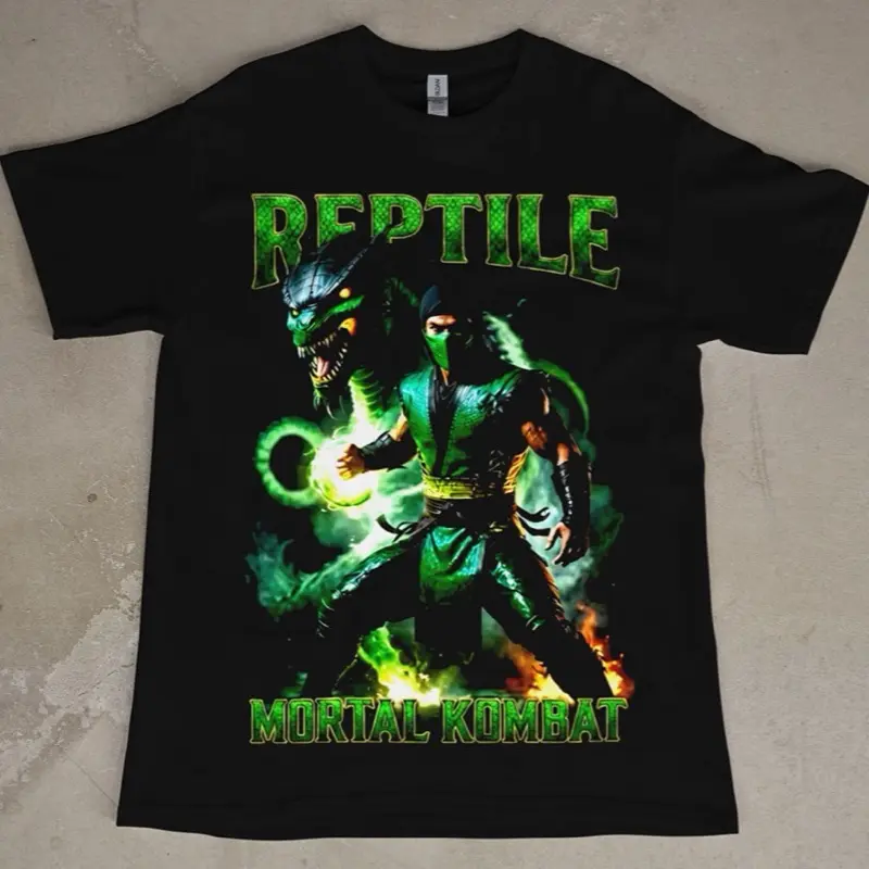 Reptile T-Shirt - Black Crew Neck Short Sleeve with Green and Black Design, Casual Style for Men