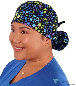 Stylish Banded Bouffant Ponytail Scrub Cap - Blue, Green and Purple Dots on Black