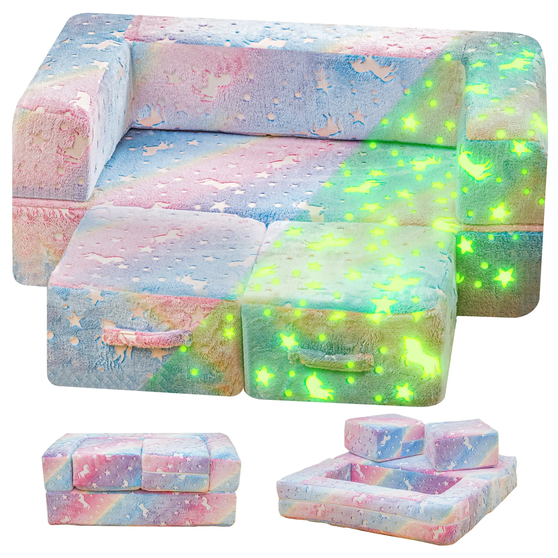 Lamerge Modular Glow-in-the-Dark Fold-out Play Couch - Comfy, Kid-Safe Foam Sofa for Kids 3+ to 11 Years, Living Room Interior Furniture, Resists Fading, Stars & Animals Theme, Ideal for Birthdays homeessentials