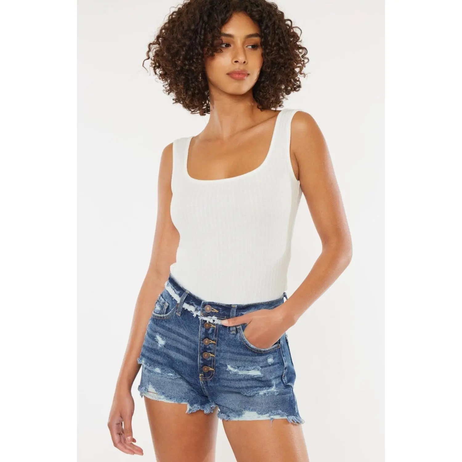 Kancan Distressed Button Fly Denim Shorts