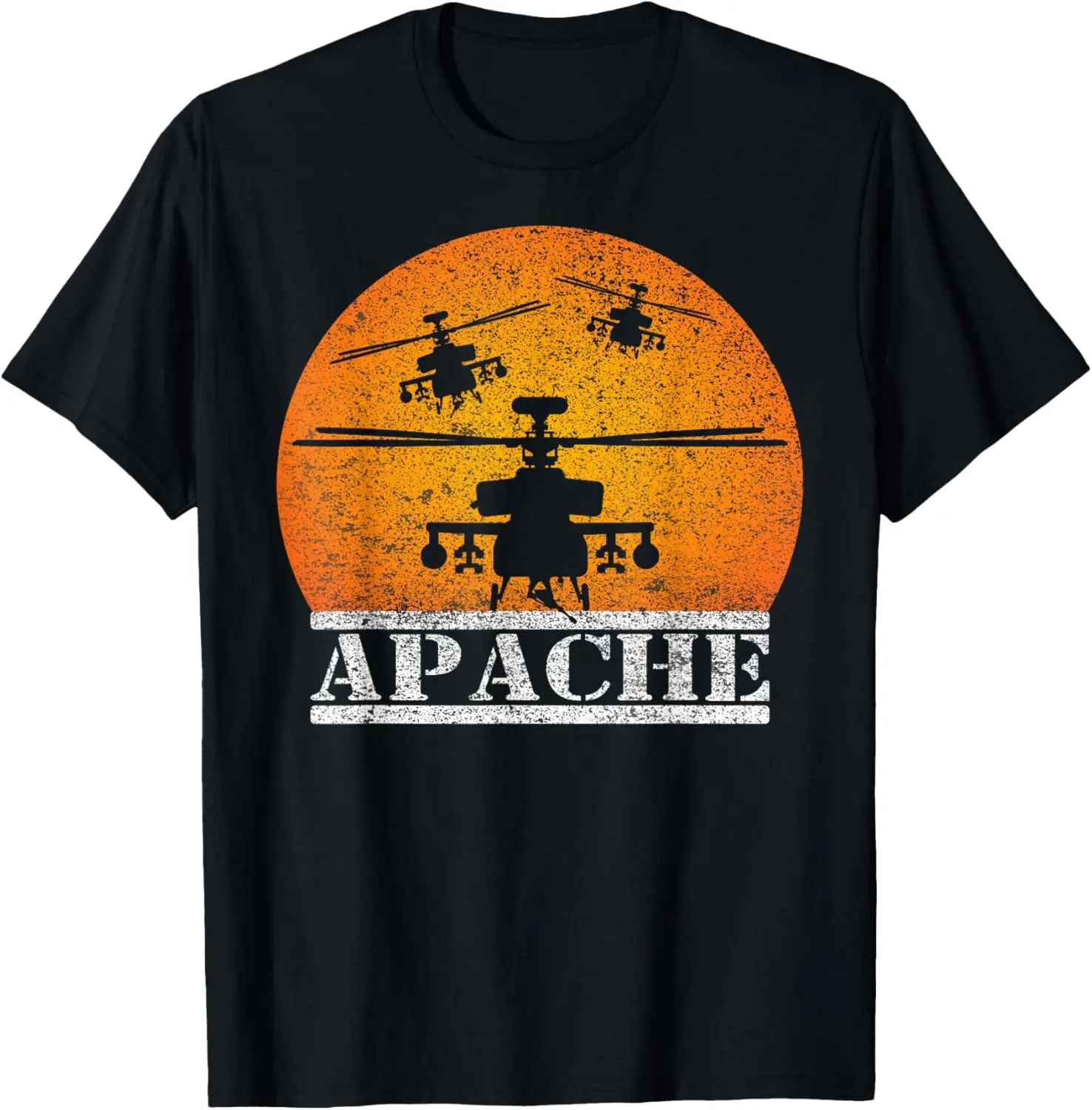 Women's 100% Cotton Vintage Graphic T-Shirt - Distressed Apache Helicopter at Sunset, Round Neck Everyday Casual Pilot Clothes Tshirt