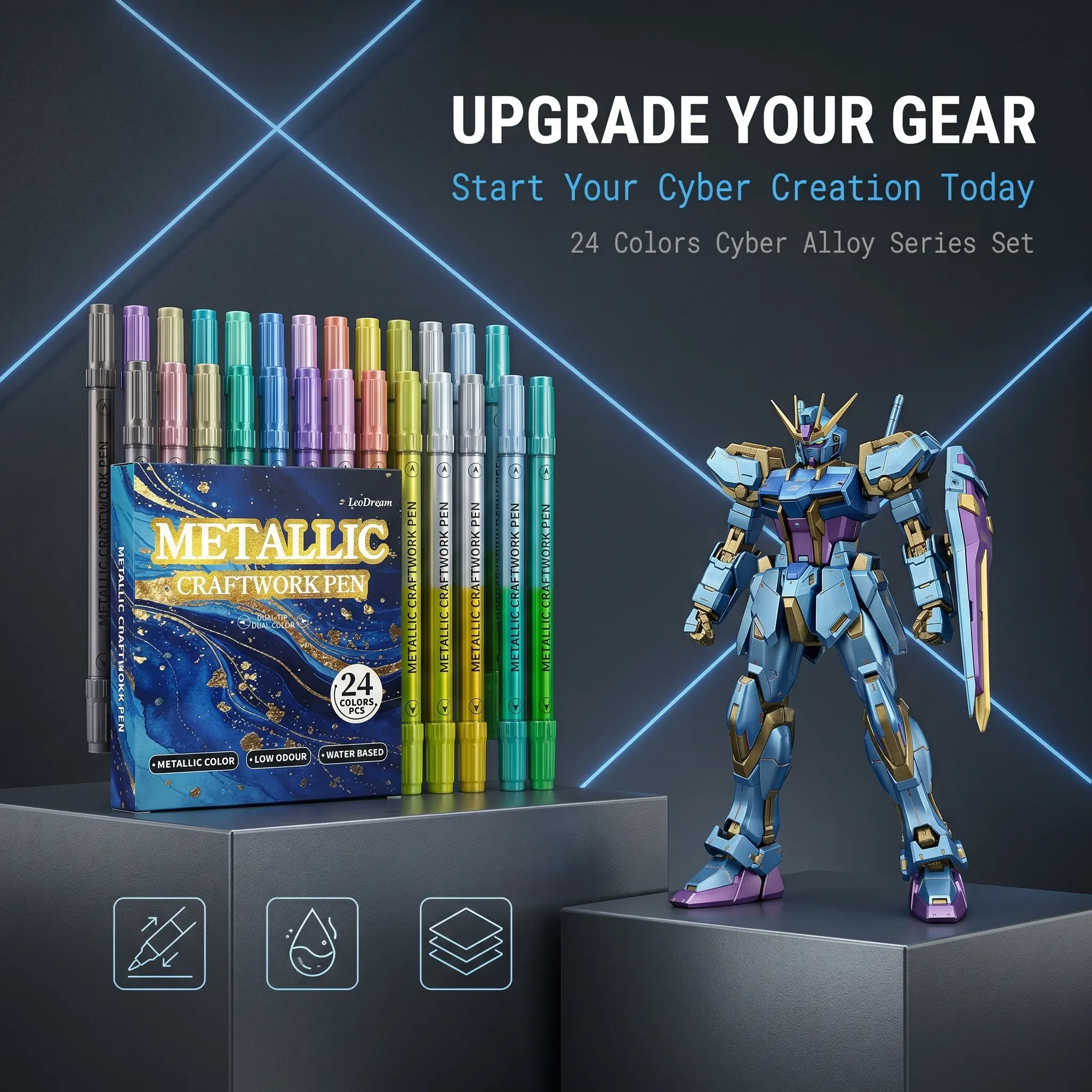 24-Color Dual Tip Metallic Acrylic Markers Set - Cyber Alloy & Industry Ray Colors, Self-Leveling Tech, Shining Finish for 3D Printing Enthusiasts, Office Stationery Supplies, Color Kit, Liquid Acrylic Markers