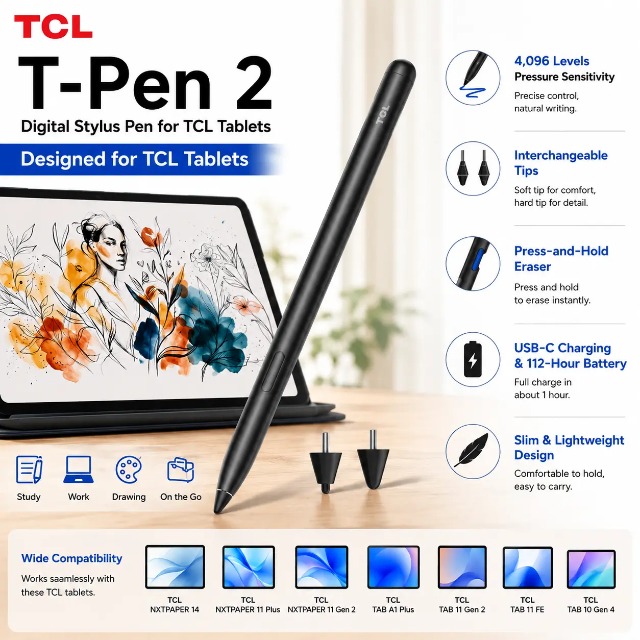TCL T-Pen 2 Digital Stylus Pen Accessories for TCL Tablets - 4,096 Levels, Plastic Body, Interchangeable Tips, Press-and-Hold Eraser, 112 Hours Long Battery, Lightweight for Computer Writing, Drawing | TikTok Shop Back to School, Pressure Sensitivity