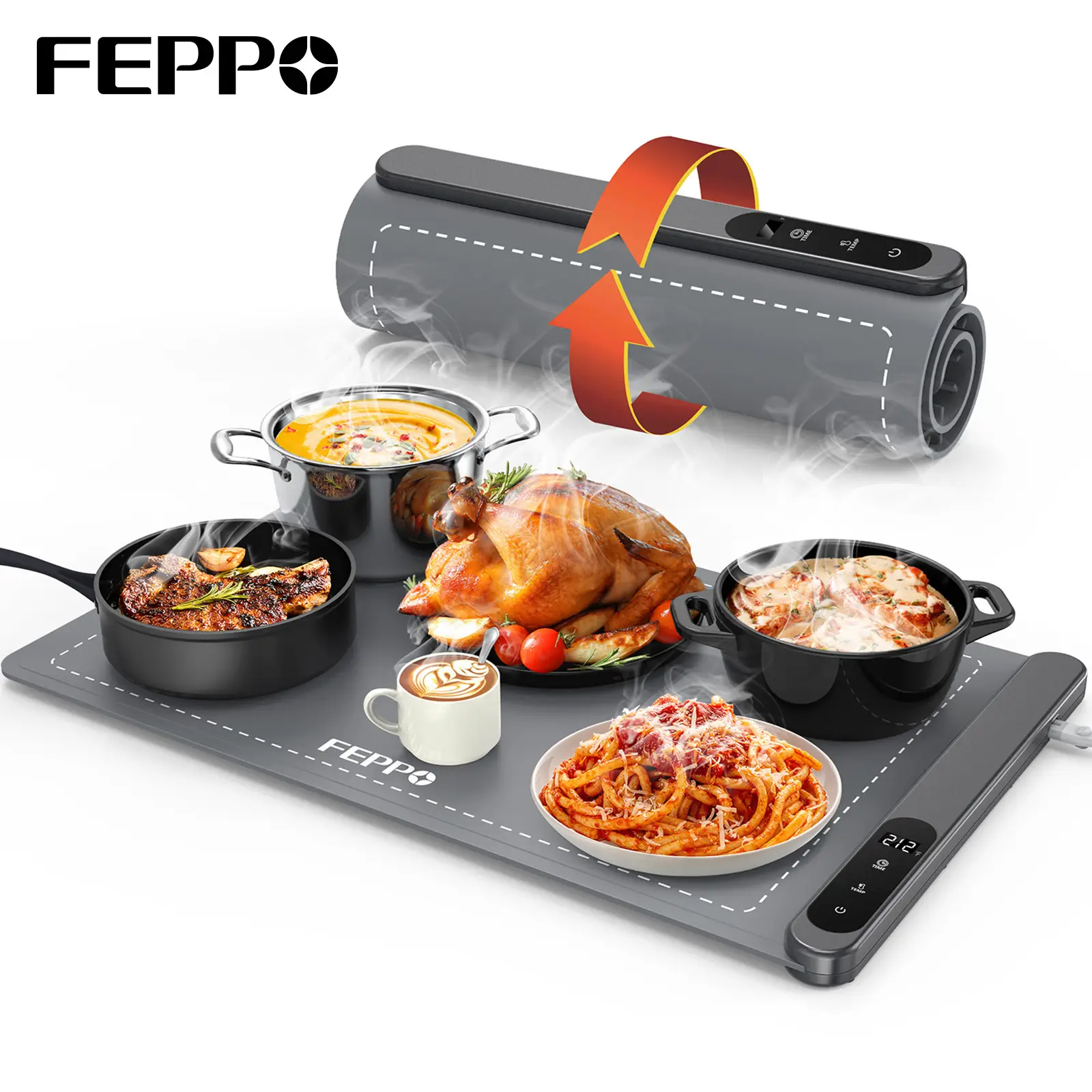 FEPPO Updated Electric Food Warming Mat with 6 Temperature Levels & 6-Hour Timer, Faster Full Surface Heating Mat, Roll Up Food Warmer for Holiday Par