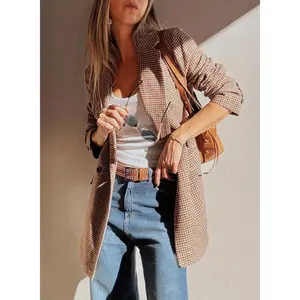 Brown Houndstooth Lapel Collar Blazer