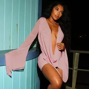 European and American 2026 Sexy Hollow Out Backless Dress, Deep V Cowl Neck, Pleated Flared Sleeves, Lace-Up Slim Fit Bodycon Dress
