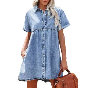 MIDIROSS Women's Short Sleeve Button Down Flowy Tiered Babydoll Denim Dress