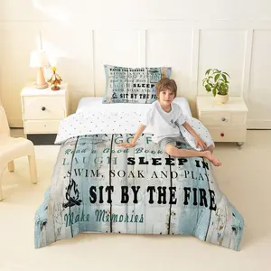 Lake Rules Bedding Set,Lake House Comforter Set,Rustic Farmhouse Cabin Decor Quilt Kids Boys Teens Adult Bedroom,Teal Vintage Wooden Barn Duvet