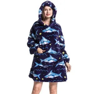 Msrlassn Plus Size Cute Cartoon Pattern Hooded Blanket for Women Men Kids, 1Pcs Oversized Wearable Hooded Nightwear Loungewear Womenswear Sweatshirt Pullover, Warm and Cozy, as Gifts for Mom Women Girlfriend Men Large Pocket Pajamas