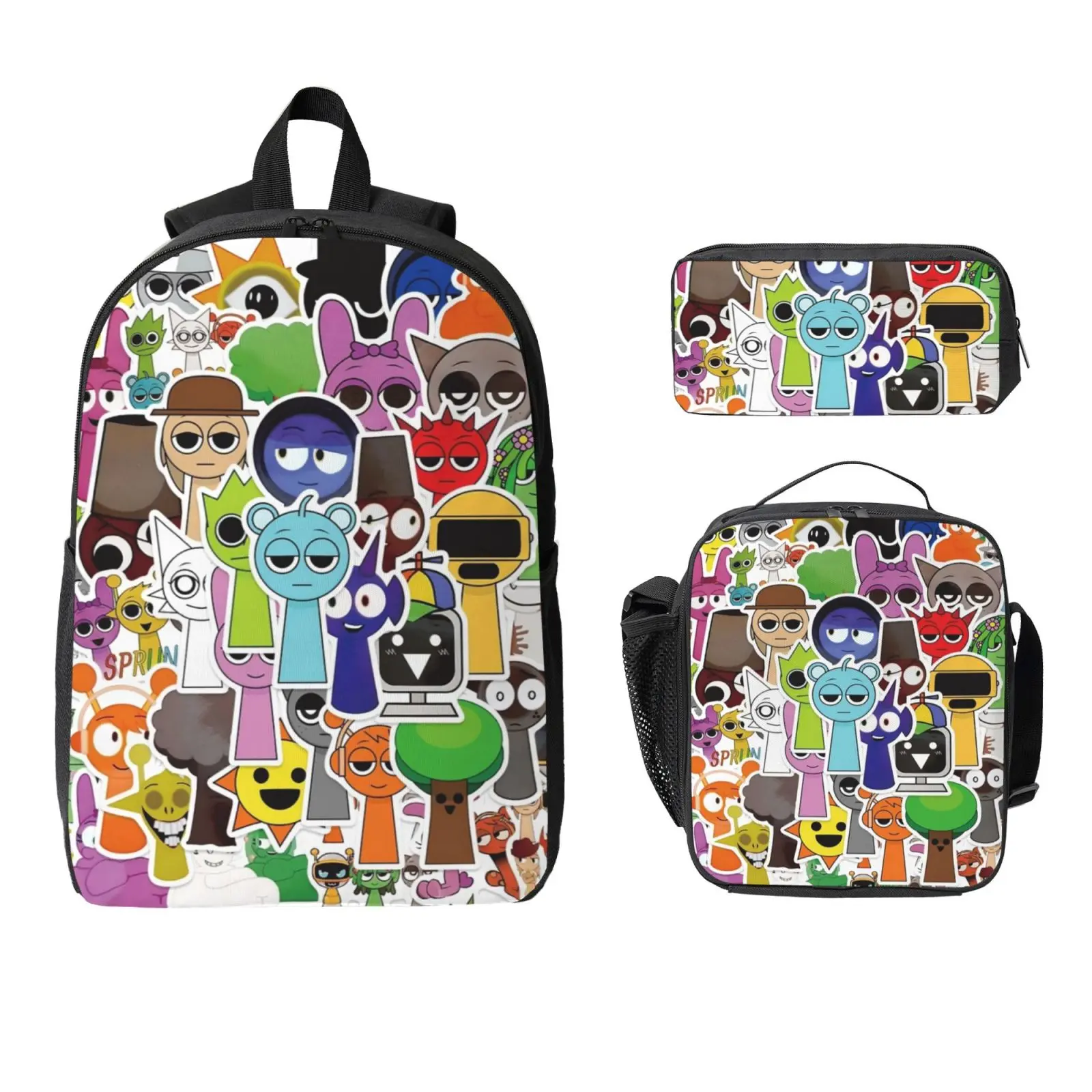 Sprunki Backpack Cute 3-Piece Cartoon Backpack Set Pencil case Lunch Bag, Large Capacity 17 inch Laptop Backpack Game Cartoon Pattern Travel Daypack