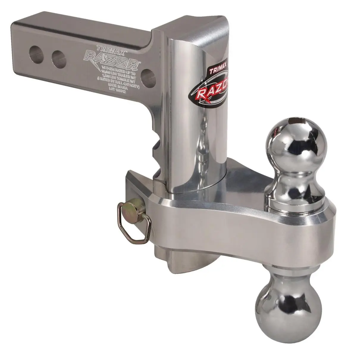 Trimax Heavy-Duty Adjustable Hitch - Polished Solid Aluminum Hardware, 6-In Drop/Rise, Dual 2"-2 5/16" Balls, 10,000 lbs Towing Capacity, 1,500 lbs Tongue Weight, Boating Accessories for Water Sports Kayaking